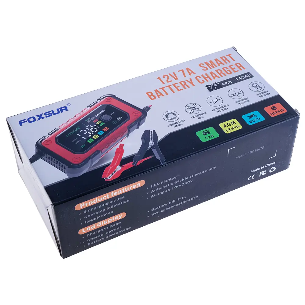 Зарядне Foxsur FBC1207E 12V 7А, автомат 3 етапи (для кислотних AGM, GEL, SLA, LiFePO4 акумуляторів)), зображення 2