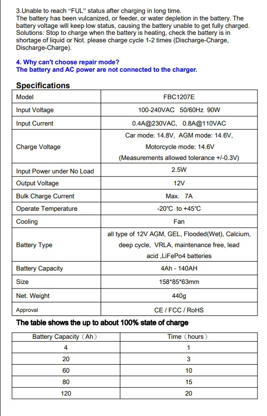 Зарядне Foxsur FBC1207E 12V 7А, автомат 3 етапи (для кислотних AGM, GEL, SLA, LiFePO4 акумуляторів)), зображення 5