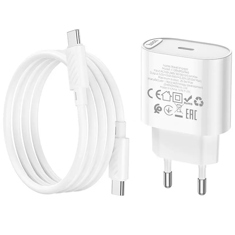 Зарядне Hoco C109A 1xType-C PD20W QC3.0 з кабелем Type-C біле), зображення 2