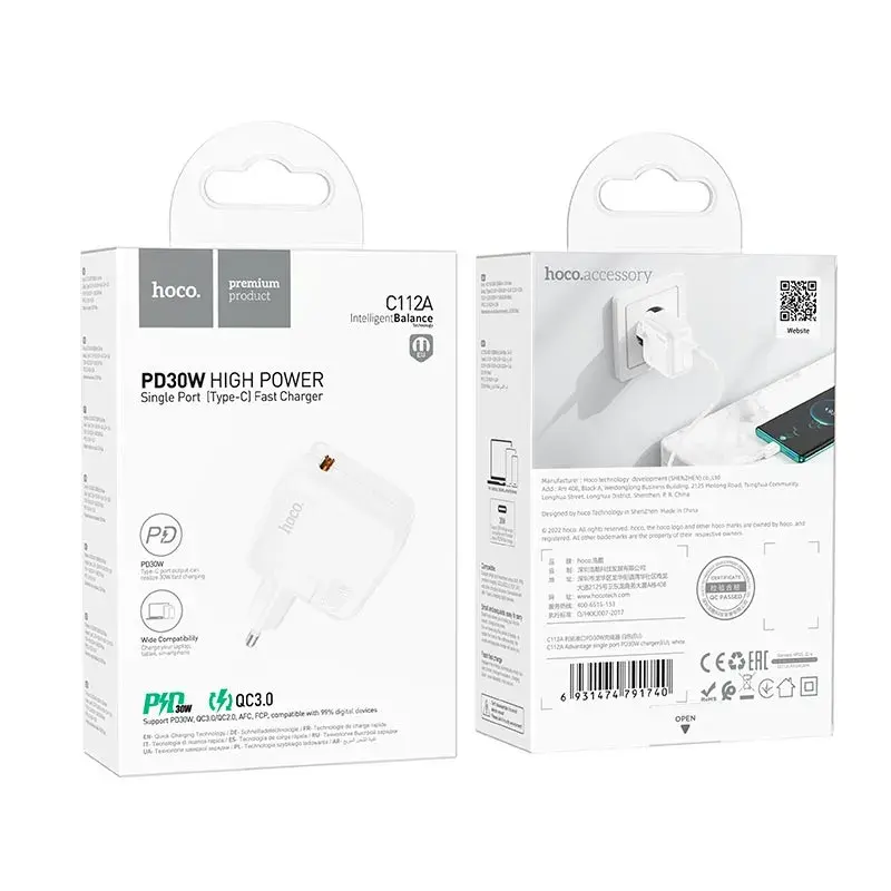 Зарядне HOCO C112A PD30W 1USB QC3.0/3А білe), зображення 3
