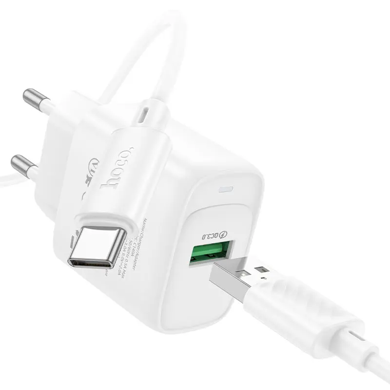 Зарядне HOCO C140A 1USB QC3.0 18W з кабилем Type-C білe від батарейки.com.ua