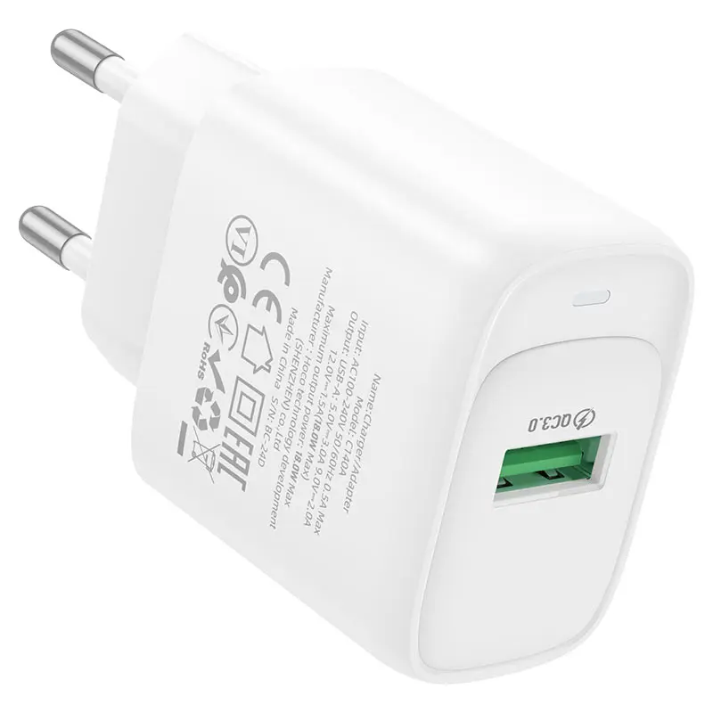 Зарядне HOCO C140A 1USB QC3.0 18W з кабилем Type-C білe), зображення 7
