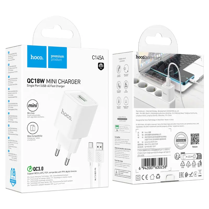 Зарядне HOCO C145A QC3.0 18W 1xUSB, з кабилем MicroUSB, біле), зображення 2