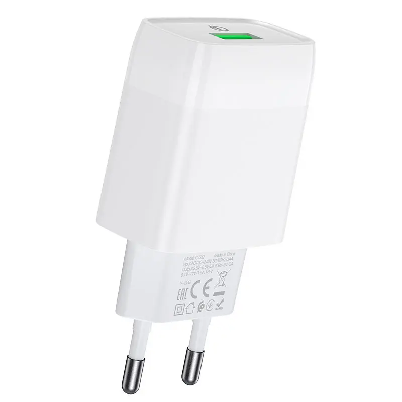Зарядне HOCO C72Q Glorious 1USB QC3.0 18W white (C72Q Glorious QC3.0 wall charger, single USB, 18W output, EU plug, set with cable for Micro-USB / Type-C, support for QC3.0/QC2.0, for FCP, for AFC 1. Material: ABS + flame retardant PC. 2. Sizes: 82*42*26mm. Weight: 33g. Set with cable weight: 64g. 3. Output: 18W (for QC/FCP). 4. Support for QC3.0/QC2.0, for FCP, for AFC and other fast charging protocols. 5. EU plug. 6. Set with 1m charging cable.) від батарейки.com.ua