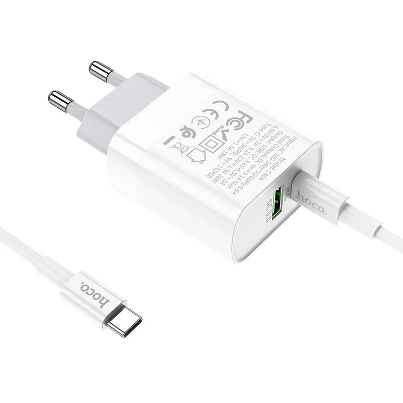 Зарядне HOCO C80A USB Type-C QC3.0 PD18W з кабелем Type-C біле), зображення 6
