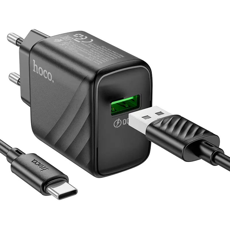 Зарядне HOCO CS21A Rich 1USB QC3.0 18W з кабелем Type-C чорне), зображення 5