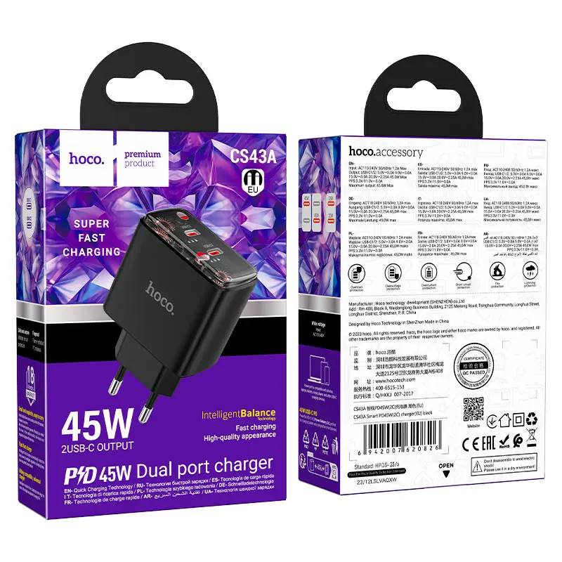 Зарядне HOCO CS43A Smart PD45W 2*Type-C чорне), зображення 6