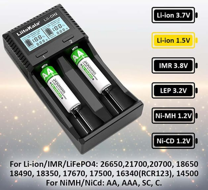 Зарядне LiitoKala Lii-CH2 1-2элемента 18650, 26650, 21700, АА, ААА Li-ion, IMR, LiFe, NiMH LCD від TypeC), зображення 2