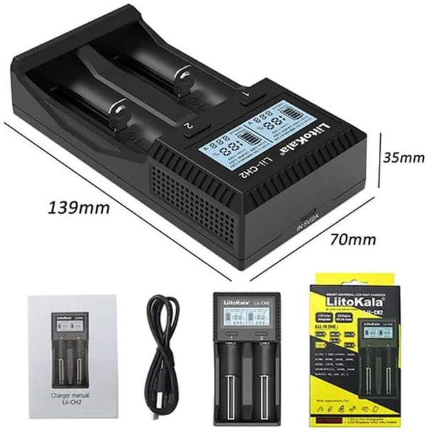 Зарядне LiitoKala Lii-CH2 1-2элемента 18650, 26650, 21700, АА, ААА Li-ion, IMR, LiFe, NiMH LCD від TypeC), зображення 4