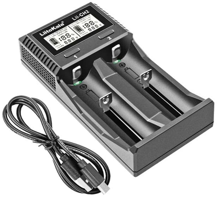 Зарядне LiitoKala Lii-CH2 1-2элемента 18650, 26650, 21700, АА, ААА Li-ion, IMR, LiFe, NiMH LCD від TypeC  (Отличительные особенности и преимущества LiitoKala Lii-CH2: – обладает информативным цифровым дисплеем который отображает информацию о статусе зарядки; – отображает процент заряда аккумулятора; – поддерживает литий-ионные аккмуляторы с напряжением 1,5V; – возможность заряжать током 1А; – показывает текущее напряжение на аккумуляторе; – имеет возможность заряжать литий-железо-фосфатные аккумуляторы LiFePO4; – подвижный контакт позволяет размещать аккумулятор любого форм-фактора вплоть до 26650; – активация полностью разряженных аккумуляторов; – питается от внешнего блока питания 5V 2A и USB type C кабеля которій идет в комплекте. Технические характеристики. – два канала зарядки для Li-ion 1,5V, Li-ion, LiFePO4, Ni-MH/Ni-Cd. – информативный дисплей который отображает информацию о статусе зарядки. – выбор тока зарядки ток заряда: 0,5/1А. – встроенная схемы защиты от перезаряда, короткого замыкания. – выходное напряжение: 4.2 / 4,35 / 3,65 / 1.48 В / Li-ion 1,5В. – активация полностью разряженных Ni-MH/Ni-Cd аккумуляторов. Питание на входе: DC 5V 2A. Рабочая температура: 0 – 40°C. Размеры: 136х70х35 мм. Вес: 112 г.  Комплект поставки: – зарядное устройство; – кабель питания USB to Micro USB type C; – инструкция на русском языке; – упаковка.) від батарейки.com.ua