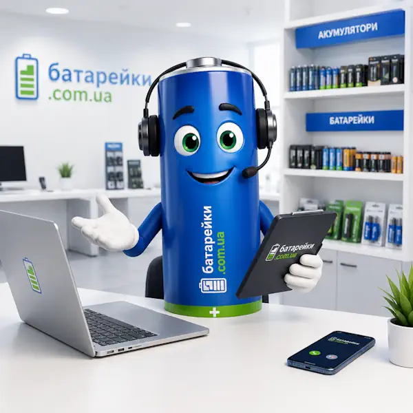 Дружній акумулятор-персонаж у сучасному офісі батарейки.com.ua приймає звернення клієнтів